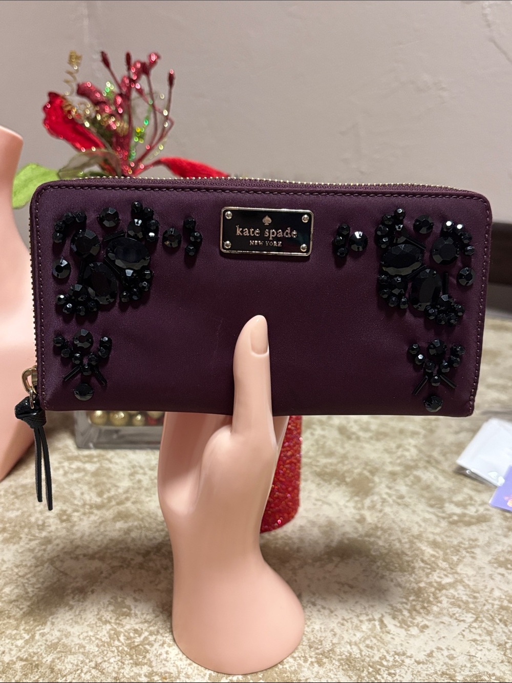 Kate Spade Plum Embellished Zip Wallet